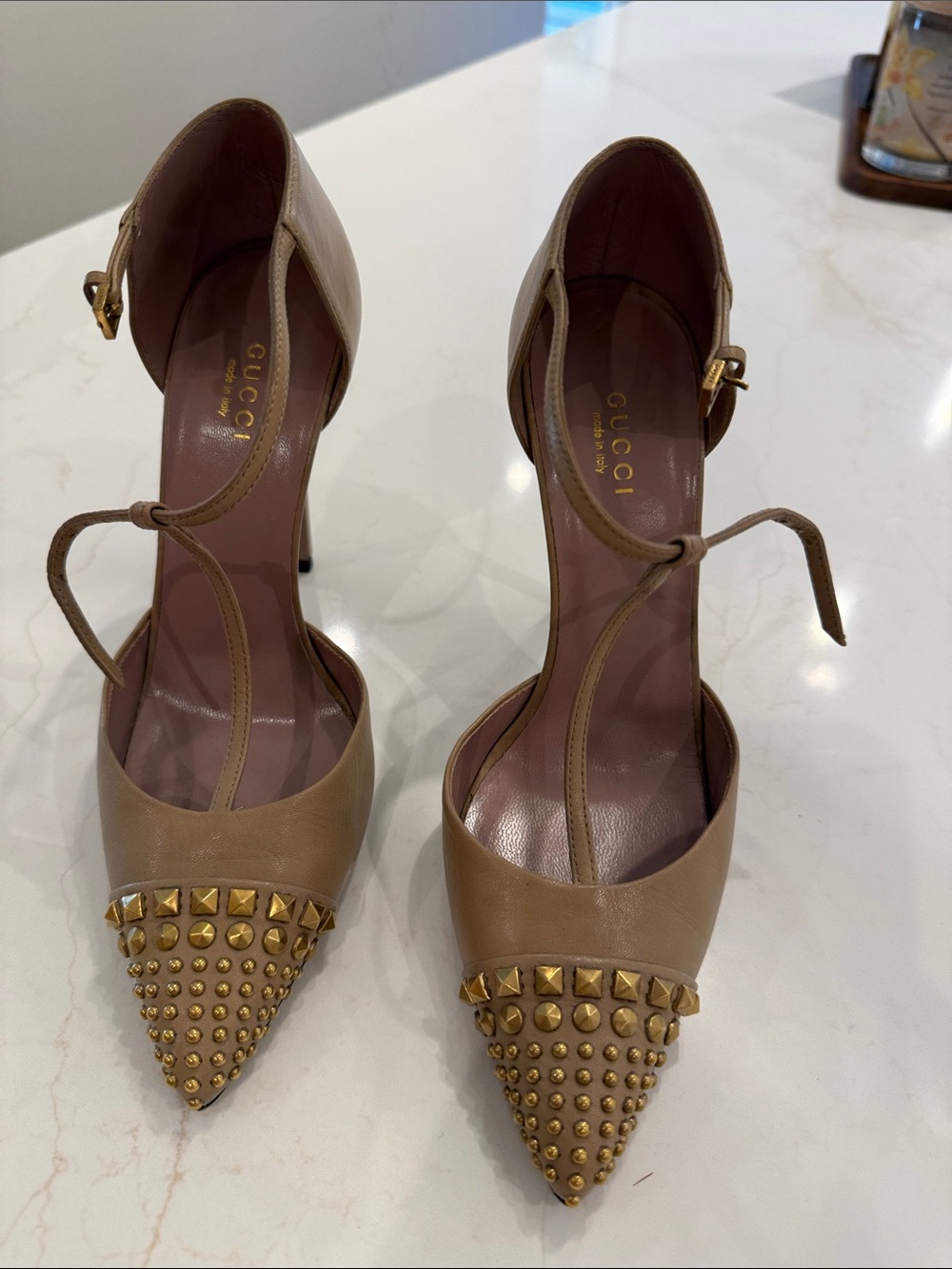 Gucci Tan Leather Pointed-Toe Studded Ankle-Strap Heels